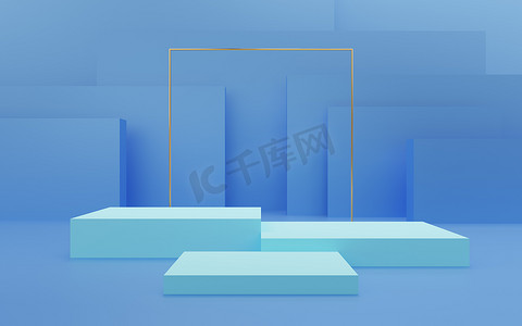 金色的边框摄影照片_空的蓝色立方体讲台，蓝色有金色边框和金色正方形
