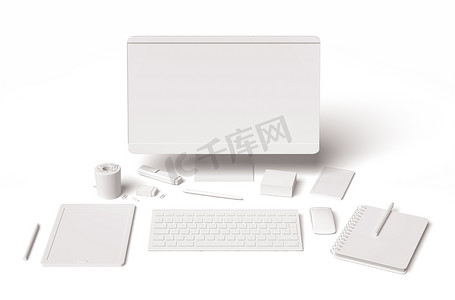 白色空白办公技术和用品 3d 白色背景