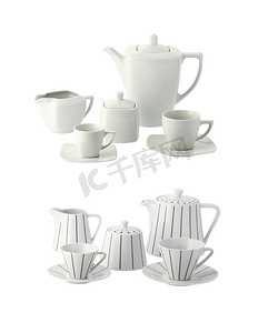 白色茶具摄影照片_白瓷茶具，白色背景隔离
