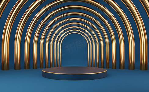 舞台金摄影照片_蓝色空蓝色圆筒领奖台，带金边和金拱门