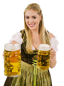 慕尼黑十月啤酒节摄影照片_慕尼黑啤酒节期间快乐的金发女郎供应啤酒