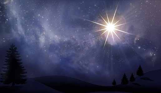 夜空中的圣诞星在云彩和星星之间