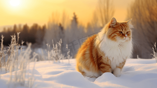 一只橙色和白色相间的猫坐在雪地里