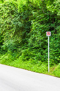 法律边缘摄影照片_灌木附近的沥青边缘禁止停车标志。