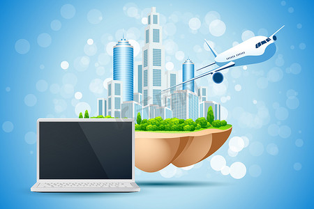 蓝色背景与商业城市笔记本电脑和飞机