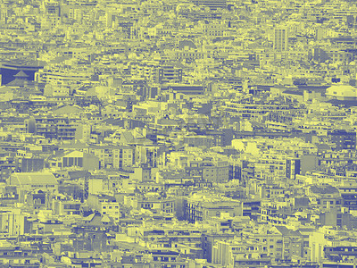 双色调摄影照片_蓝色和黄色双色调拥挤的城市景观背景，数百座密集的建筑