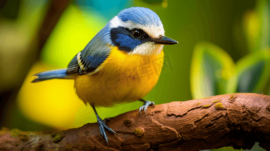 一只蓝黄相间的鸟栖息在树枝上