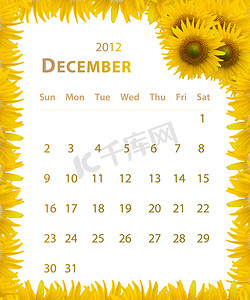 星期四日历摄影照片_2012 年日历，12 月与向日葵框架设计