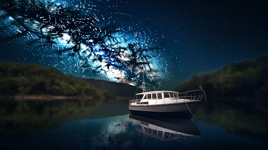 星夜摄影照片_星夜下水面上的白色小船