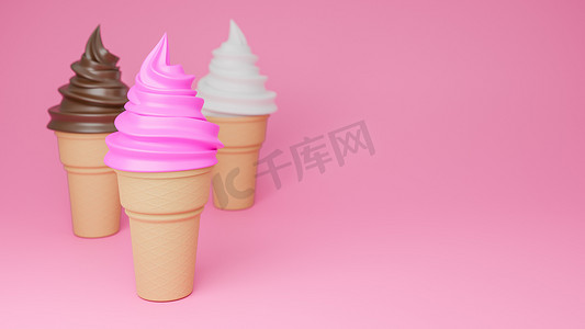 粉红色背景的脆锥上的巧克力、香草和草莓口味的软冰淇淋。3d 模型和插图。