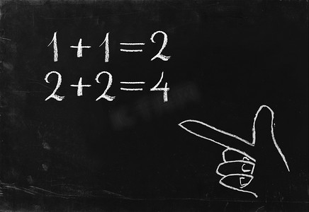 儿童数学摄影照片_简单的数学运算在黑板上写粉笔。