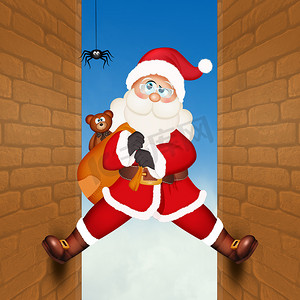 圣诞节昆虫摄影照片_爬上房屋墙壁的圣诞老人