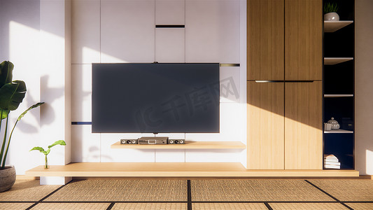 日本客厅的电视柜和架子墙设计禅宗内饰