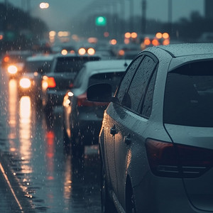 拥堵摄影照片_下雨天高速公路上的交通拥堵很严重，雨滴落在汽车玻璃上。