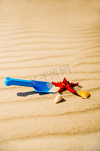 塑料桶摄影照片_阳光沙滩上的玩具