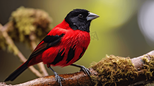 一只红黑相间的小鸟坐在树枝上