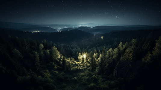 从高处观看夜间森林的景色