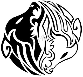 黑色狼头摄影照片_Tattoo Maori Yin Yang Wolves