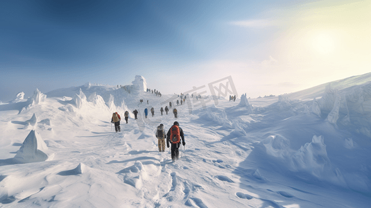 一大群人走过积雪覆盖的斜坡