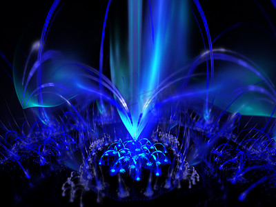 火焰形状摄影照片_等离子火焰的数字式呈现蓝色喷泉在黑色。