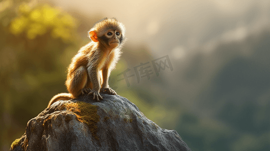 一只小猴子坐在岩石上