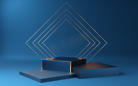 边框金色边框摄影照片_空的蓝色立方体讲台，蓝色有金色边框和金色正方形
