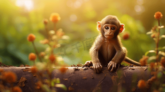 一只小猴子坐在植物旁边的地上
