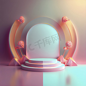 豪华讲台 3D 插图，具有优雅的粉红色和抽象的花环装饰，用于产品展示