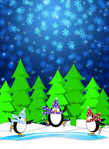 企鹅家庭摄影照片_企鹅在溜冰场冬季下雪场景蓝色插图