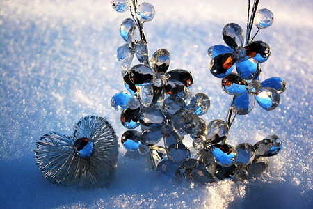 冬日雪中两棵水晶树枝，水晶心