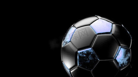 蓝色和黑色足球金属球隔离在黑色背景上。