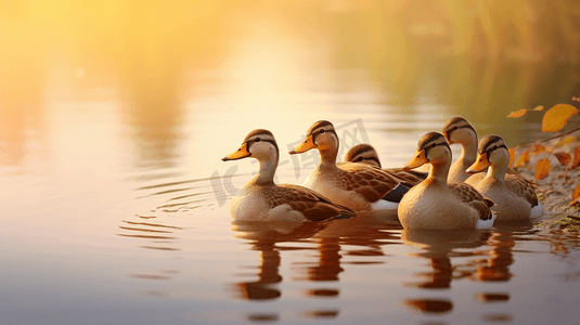 一群鸭子坐在水体的边缘