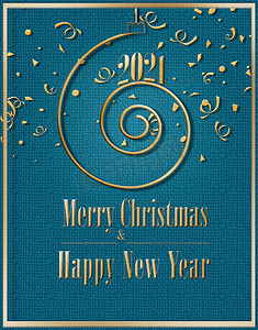 2021年圣诞快乐，新年快乐，绿松石背景中的金色螺旋形