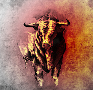 纹身艺术素描，西​​班牙公牛，带喙 h 的危险公牛