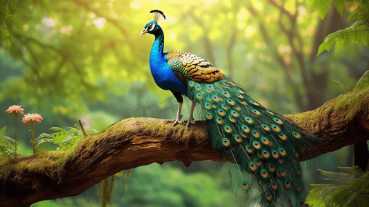 富贵孔雀摄影照片_一只坐在森林树枝上的孔雀