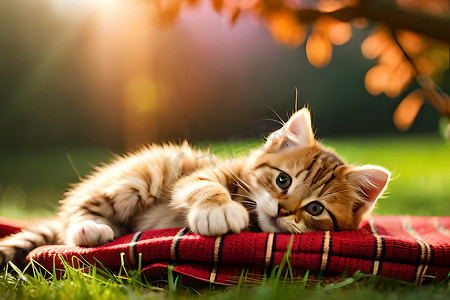 可爱的小红猫睡在毛皮白毯子上