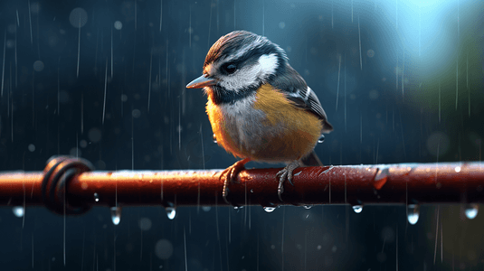 雨中坐在铁丝网上的小鸟