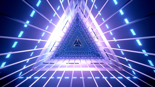 三角形d摄影照片_带亮蓝灯的三角形隧道 3D 插图