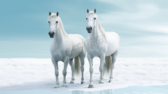 两匹白马并排站着