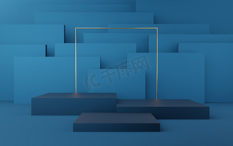 金色的边框摄影照片_空的蓝色立方体讲台，蓝色有金色边框和金色正方形
