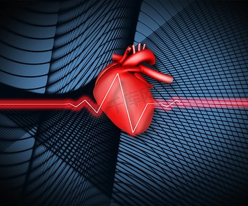 黑色背景上的红色心电图线与心脏图解