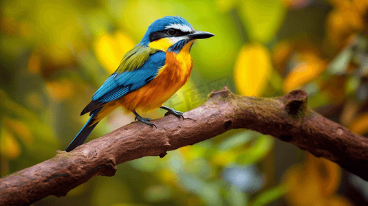 黄渤海候鸟栖息地摄影照片_一只蓝黄相间的鸟栖息在树枝上