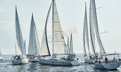 克罗地亚，地中海，2019 年 9 月 18 日：帆船参加帆船赛，船队关掉船，倒影在水面上，白帆，船尾号，紧张的比赛