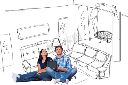 手绘夫妇摄影照片_年轻夫妇坐在地板上用平板电脑的合成图像