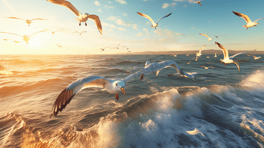 卡通手绘飞翔的鸟摄影照片_一群海鸥在海洋上空飞翔