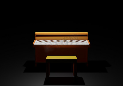 3D 渲染钢琴家庭娱乐与黑暗的夜晚背景上的黄色椅子，现场音乐演奏音乐会概念