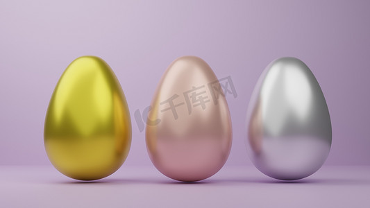 节节摄影照片_复活节节 3d 渲染的粉红色背景中孤立的豪华金色复活节彩蛋ใใ