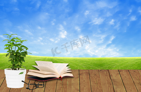 在木地板上的书与绿草和蓝天