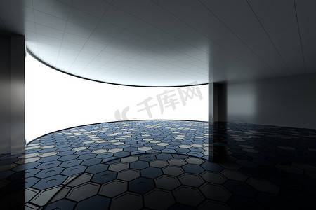 空荡荡的圆形房间，有发光的白色屏幕，3d 渲染。