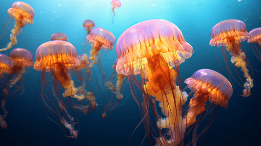 一群在海里游泳的水母